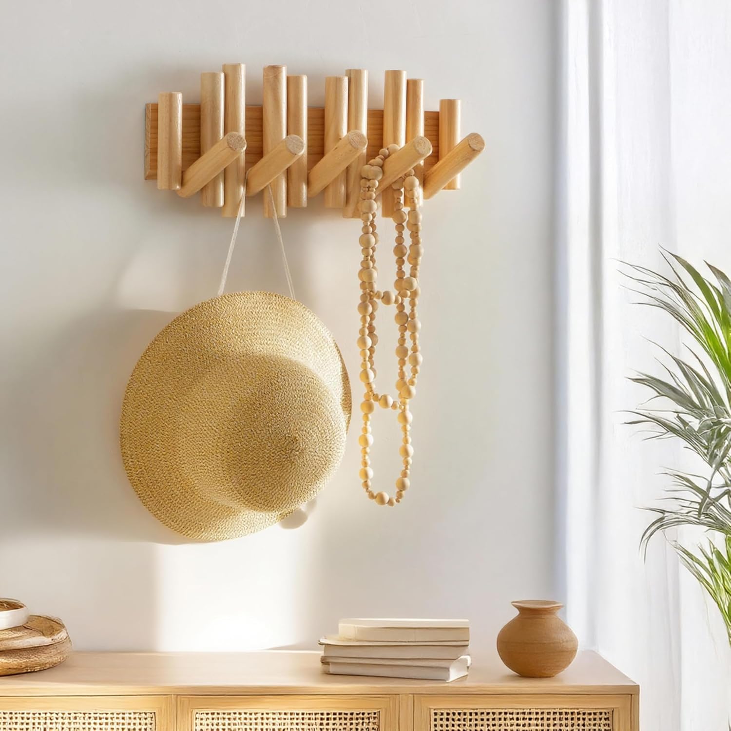 Wooden Wall mounted wood coat rack | 15 inches long , 6.5" high, with 5 Flip-Down Hooks | Modern Natural Pine Wood Finish | Decorative Hanging Storage Wall Hooks for Entryway or Bedroom