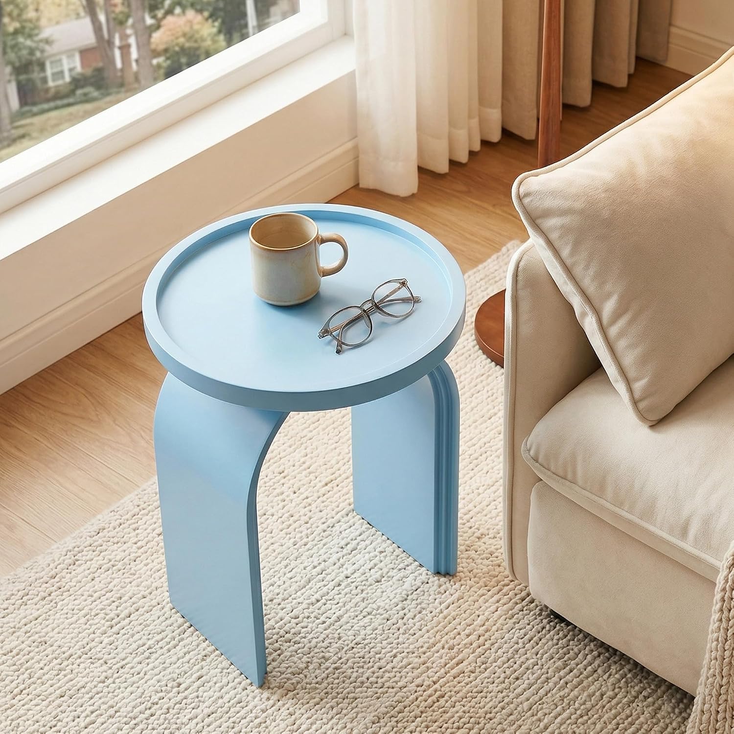 ROCITY Round Side Table, Modern Wood End Table with Sturdy Base, Small Blue Drink Table for Living Room, Bedroom and Small Spaces