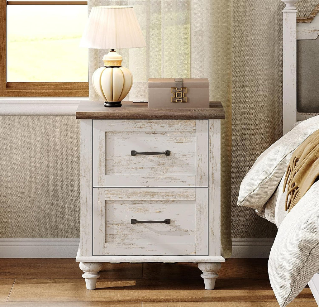 WAMPAT Nightstand Side Table with Charging Station, Antique White End Table with 2 Drawers for Living Room, Elegant Night Stand Bedside Table for Bedroom, Dorm