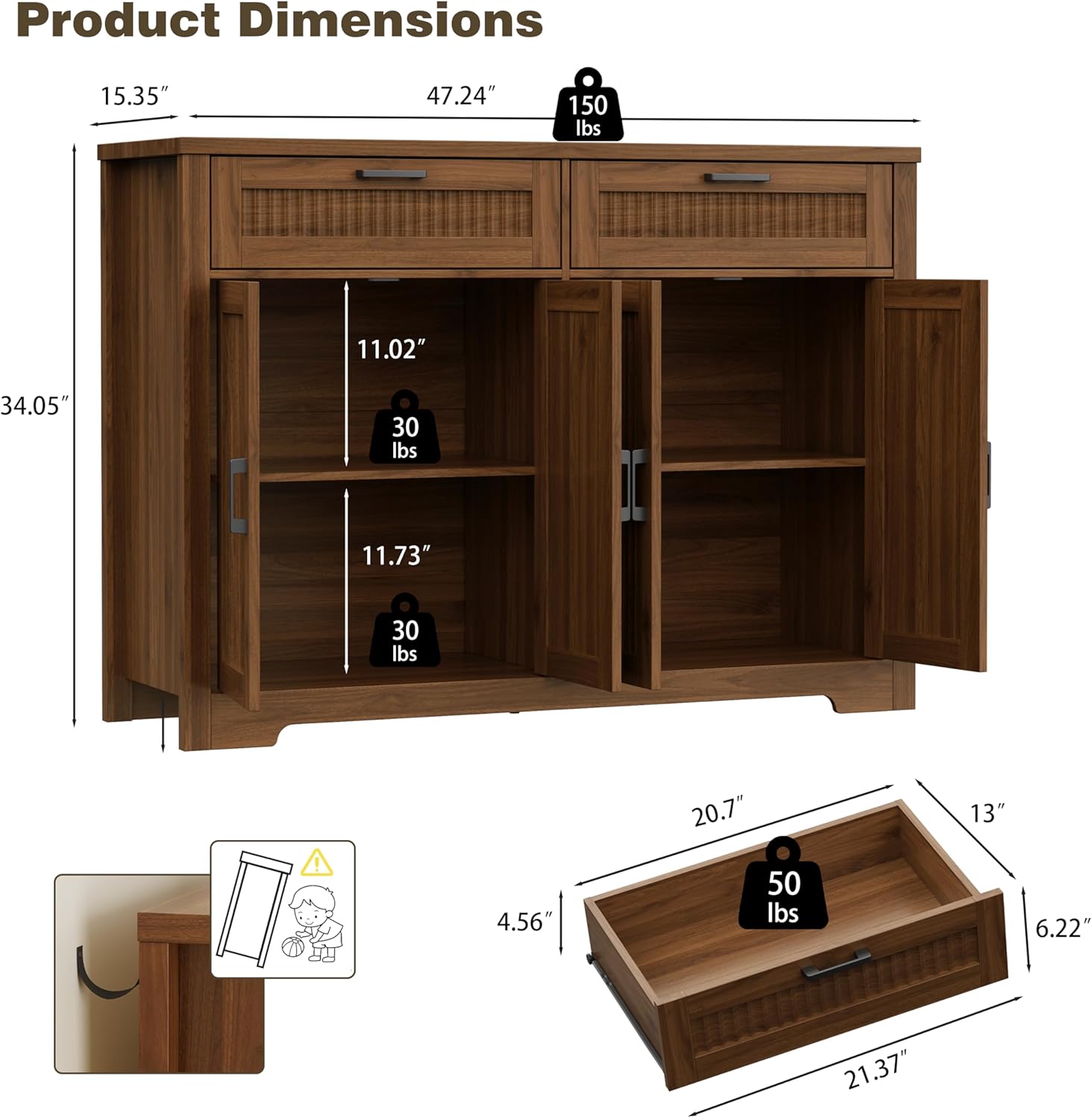 Buffet Cabinet with 2 Storage Drawers, Farmhouse Coffee Bar Table with Storage and Adjustable Shelf, 47.2" Wide Fluted Sideboard Cabinet for Kitchen, Dining Room, Living Room, Entryway, Modern Walnut