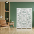 3 Panel White Room Divider, 67 Inch Wood Carved Privacy Screen, Bohemian Style Folding Room Divider, Portable Partition Wall Divider for Room Separation (White)