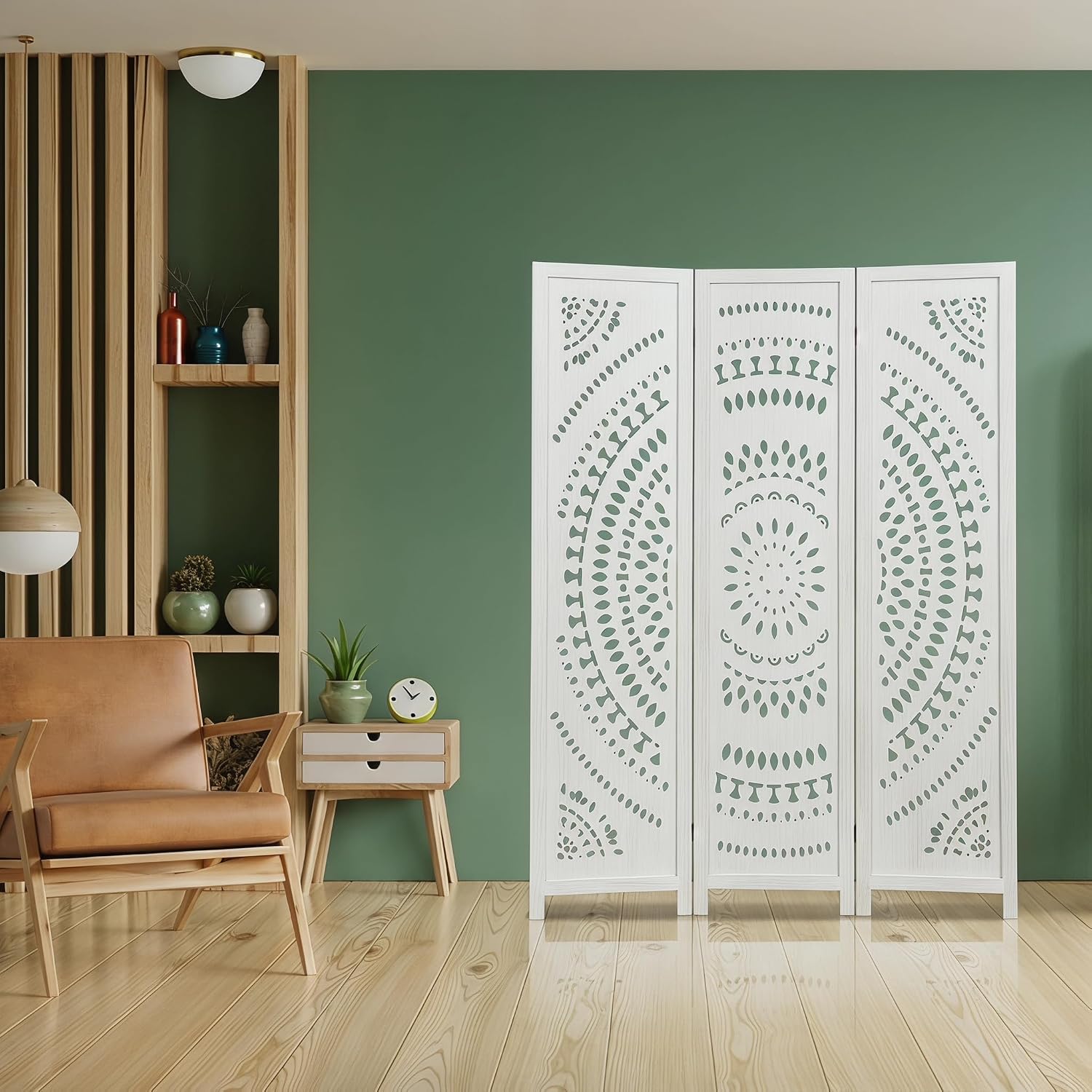 3 Panel White Room Divider, 67 Inch Wood Carved Privacy Screen, Bohemian Style Folding Room Divider, Portable Partition Wall Divider for Room Separation (White)