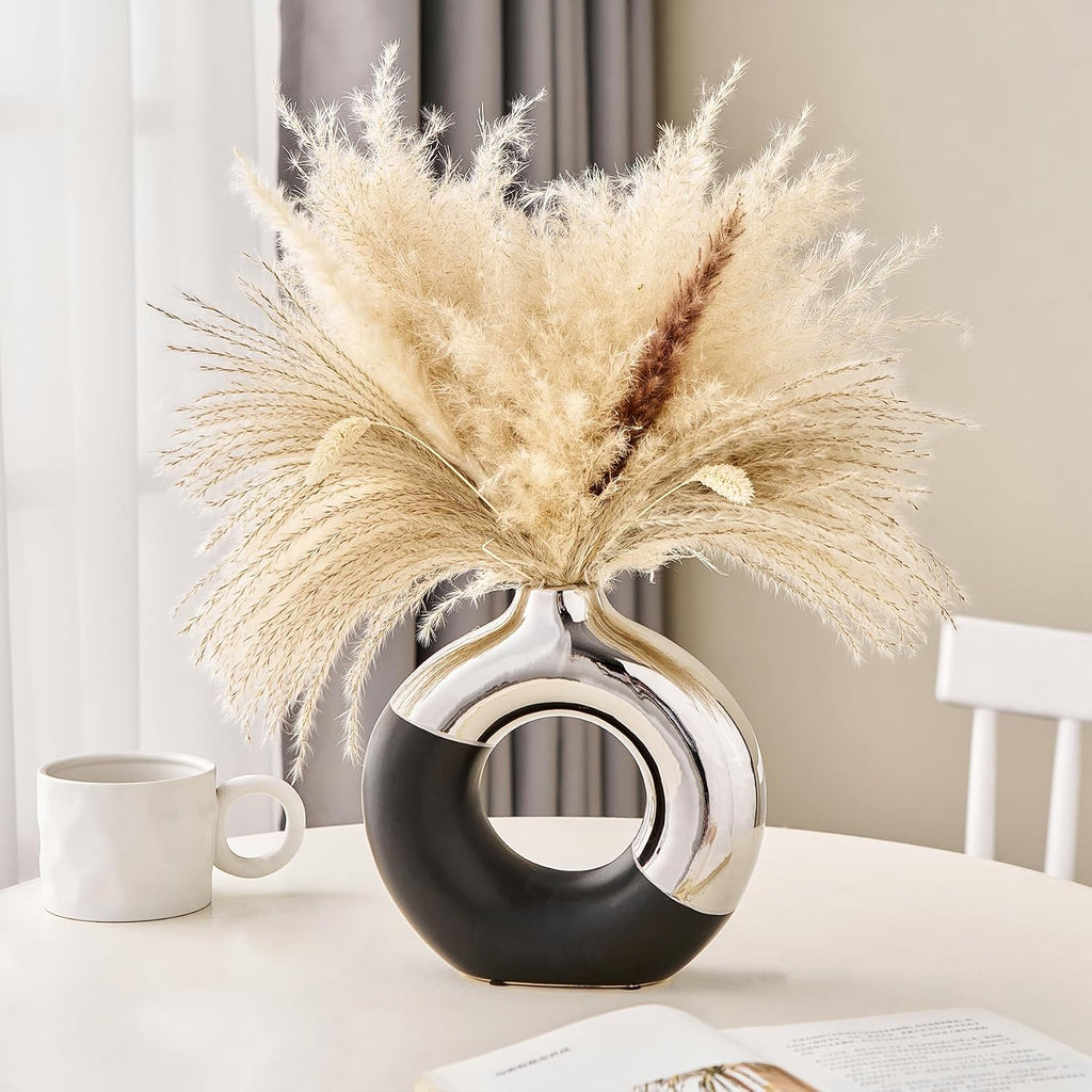 Ceramic Donut Vase, 8" L x 8" H Black and Silver Vase for Pampas Grass, Modern Round Vases for Silver Decor, Ceramic Vase Centerpieces for Wedding, Bedroom, Living Room, Coffee Table, Entryway, Office