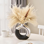 Ceramic Donut Vase, 8" L x 8" H Black and Silver Vase for Pampas Grass, Modern Round Vases for Silver Decor, Ceramic Vase Centerpieces for Wedding, Bedroom, Living Room, Coffee Table, Entryway, Office