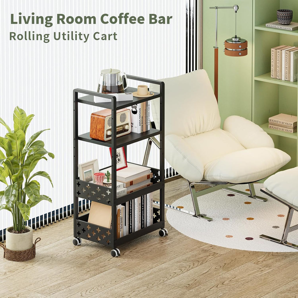 Adjustable 4 Tier Rolling Cart Metal Utility Carts with Lockable Wheels Rolling Storage Cart for Kitchen Bathroom Office Bar Microwave Laundry Snack Coffee Craft Organizer Black