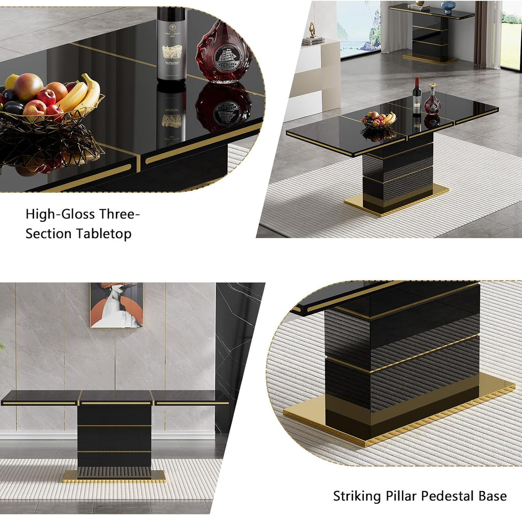 SSLine 5-Piece High-Gloss Black Dining Table Set for 4,Modern 70" Wood Kitchen Table with 4 Velvet Tufted Chairs,Luxury Rectangle Dining Room Tables with Pillar Gold Steel Pedestal Base