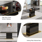 SSLine 5-Piece High-Gloss Black Dining Table Set for 4,Modern 70" Wood Kitchen Table with 4 Velvet Tufted Chairs,Luxury Rectangle Dining Room Tables with Pillar Gold Steel Pedestal Base