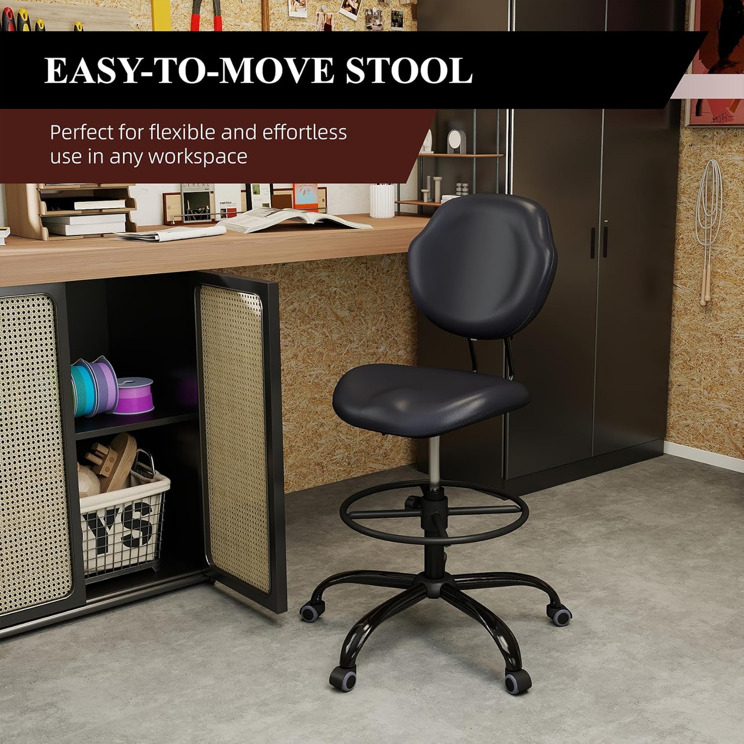 Drafting Chair with Back Support, Tall/High Desk Rolling Stool with Footrest Ring, Faux Leather Office Chair with Height Adjustable for Standing Desk, Home Office, Bar, Workbench & Kitchen(Black)