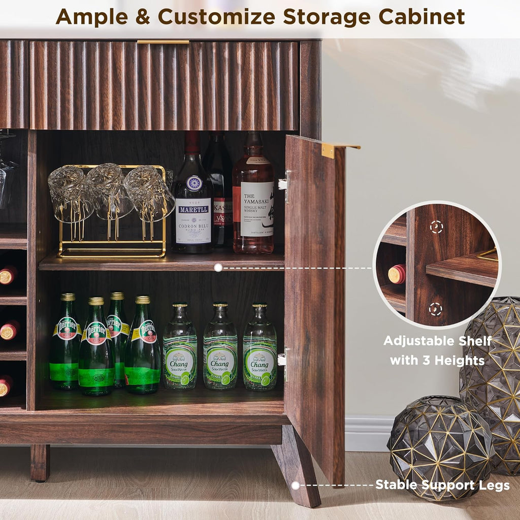 OKD Fluted Wine Bar Cabinet, 60" Wide Modern Buffet Sideboard with Ample Storage - 2 Side Cabinets, 3 Drawers, 4 Glass Holders & 12 Wine Racks, Coffee Bar Cabinet for Kitchen, Dining Room, Dark Walnut