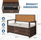 75 Gallon Outdoor Storage Bench with Cushion, 2-Seater PE Rattan Patio Storage Box with Backrest & Armrests, Weatherproof Lockable Deck Box for Garden, Balcony, Porch, Pool, Yard, Dark Brown
