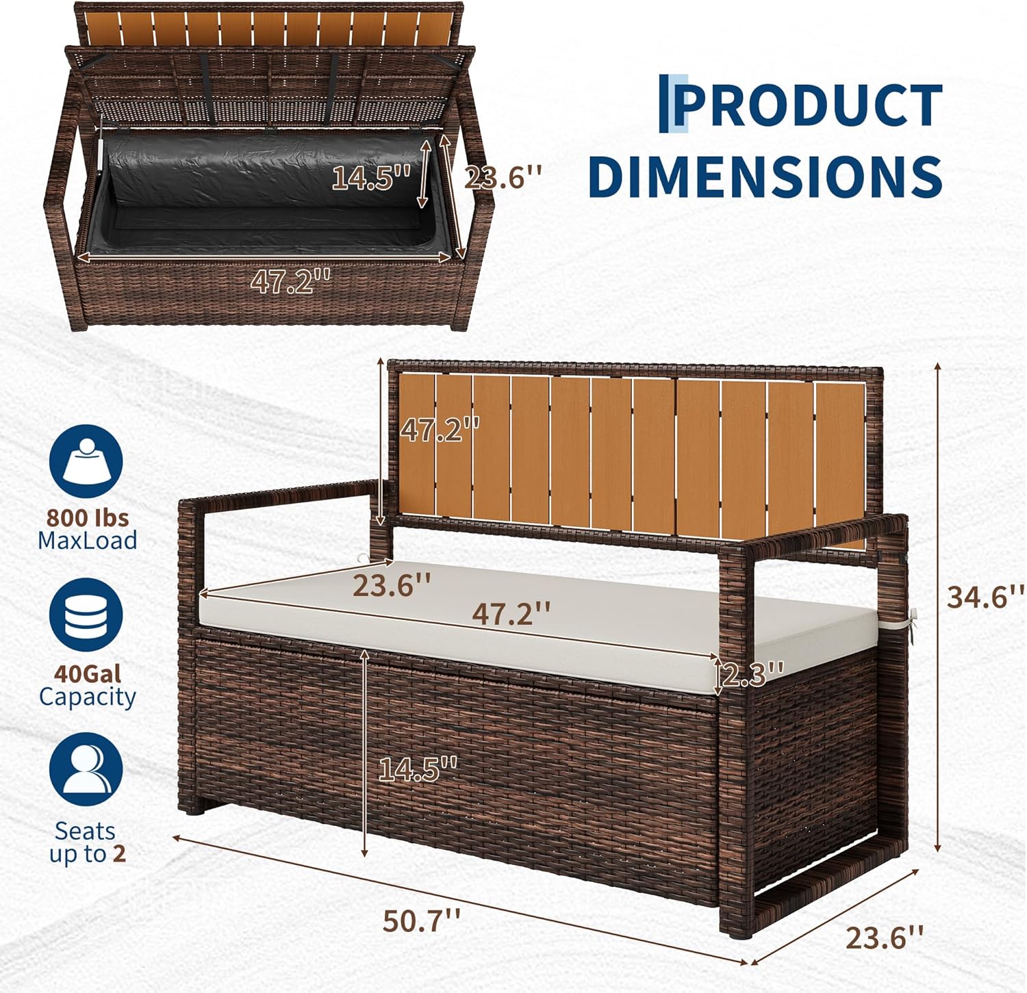 75 Gallon Outdoor Storage Bench with Cushion, 2-Seater PE Rattan Patio Storage Box with Backrest & Armrests, Weatherproof Lockable Deck Box for Garden, Balcony, Porch, Pool, Yard, Dark Brown