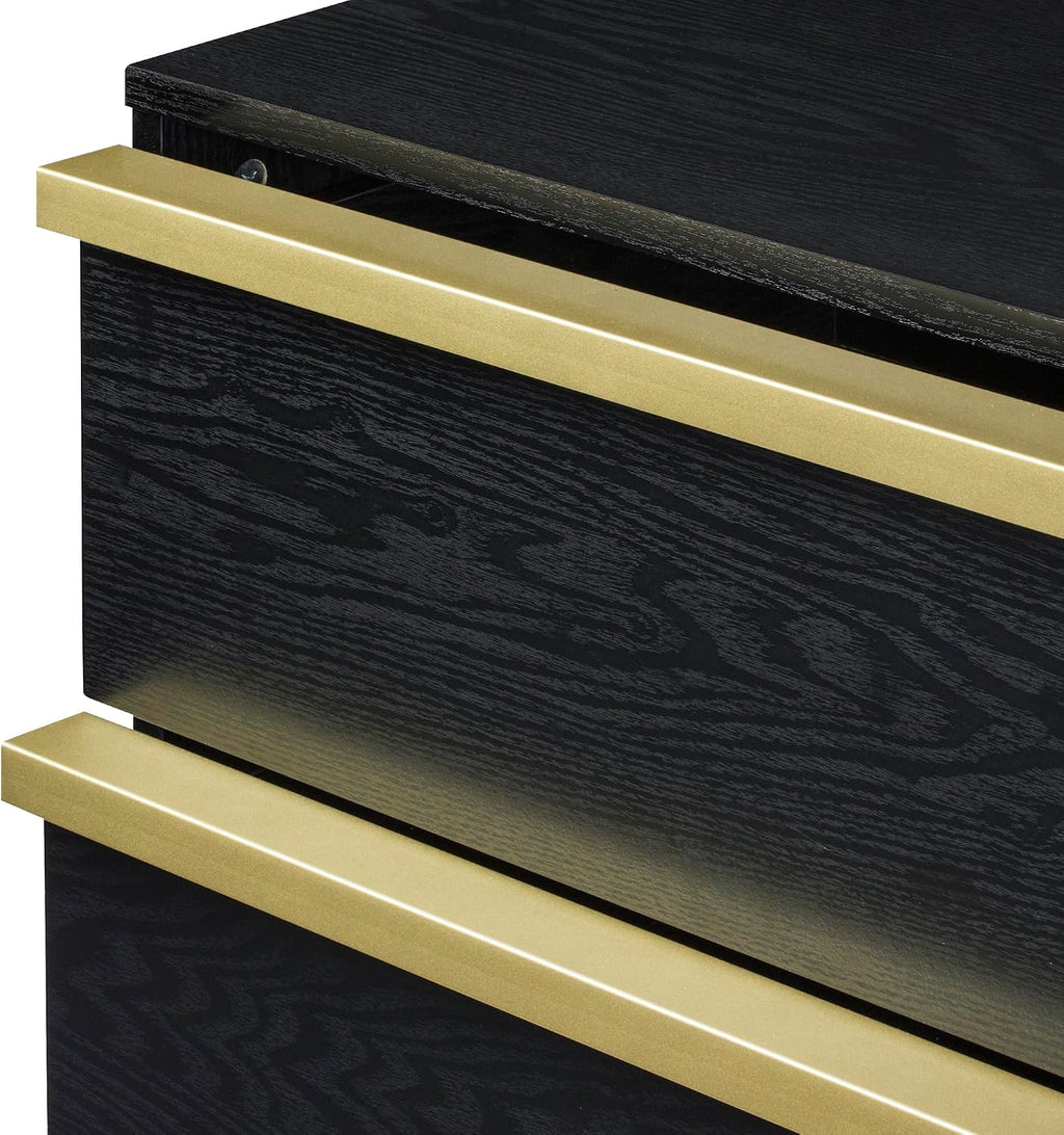 SANGO Cortland 2-Drawer Nightstand, Modern Black Wood Bedside Table with Brass Handle, Wooden Legs, Sleek Mid-Century Design, Elegant Storage for Contemporary Homes