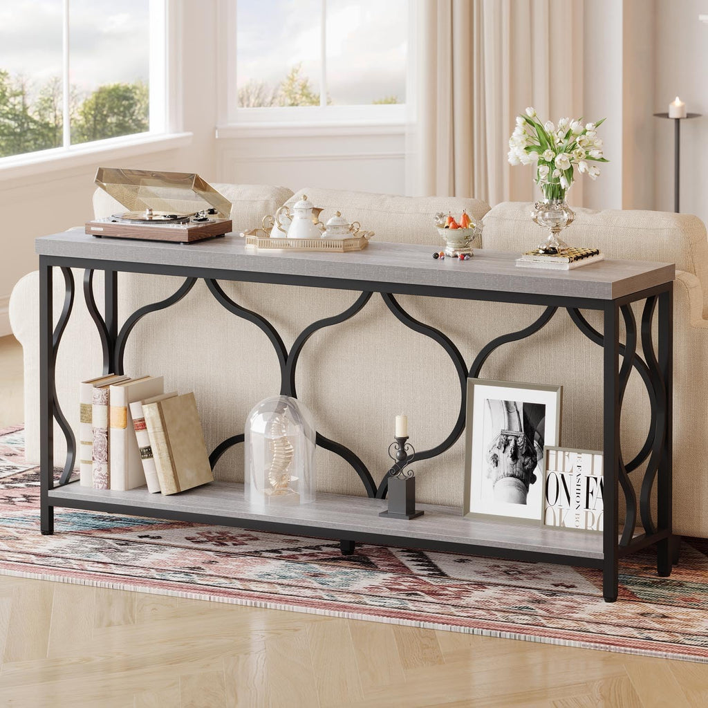IBF Narrow extra long Sofa Console Table, 63 Inch Modern Entryway Table Behind Couch with Storage shelf, 2-Tier Industrial Wooden Metal Hallway Accent Sofa Tables for Living Room Foyer, Light Grey Oak