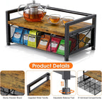 Tea Bag Organizer, Tea Organizers and Storage with 8 Compartments & Drawer, Wooden Metal Tea Bag Holder for Countertop Kitchen Office Tea Station, Rustic Brown