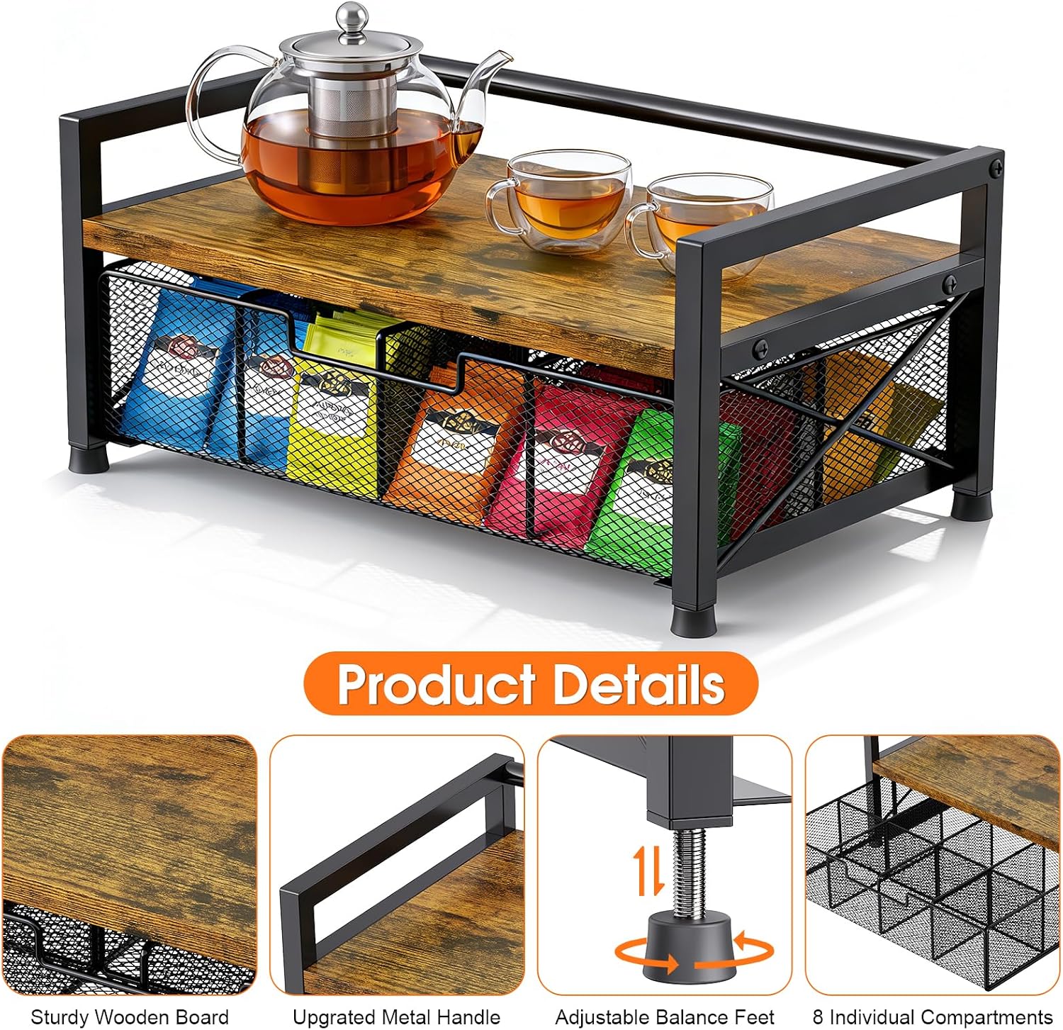 Tea Bag Organizer, Tea Organizers and Storage with 8 Compartments & Drawer, Wooden Metal Tea Bag Holder for Countertop Kitchen Office Tea Station, Rustic Brown