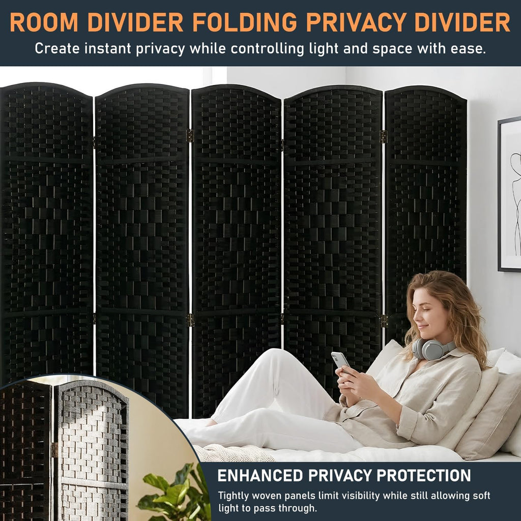 FDW Room Divider 6 Panel Folding Privacy Divider 6 Ft Indoor Wall Divider Portable Partition Wood Screen, Coal Black