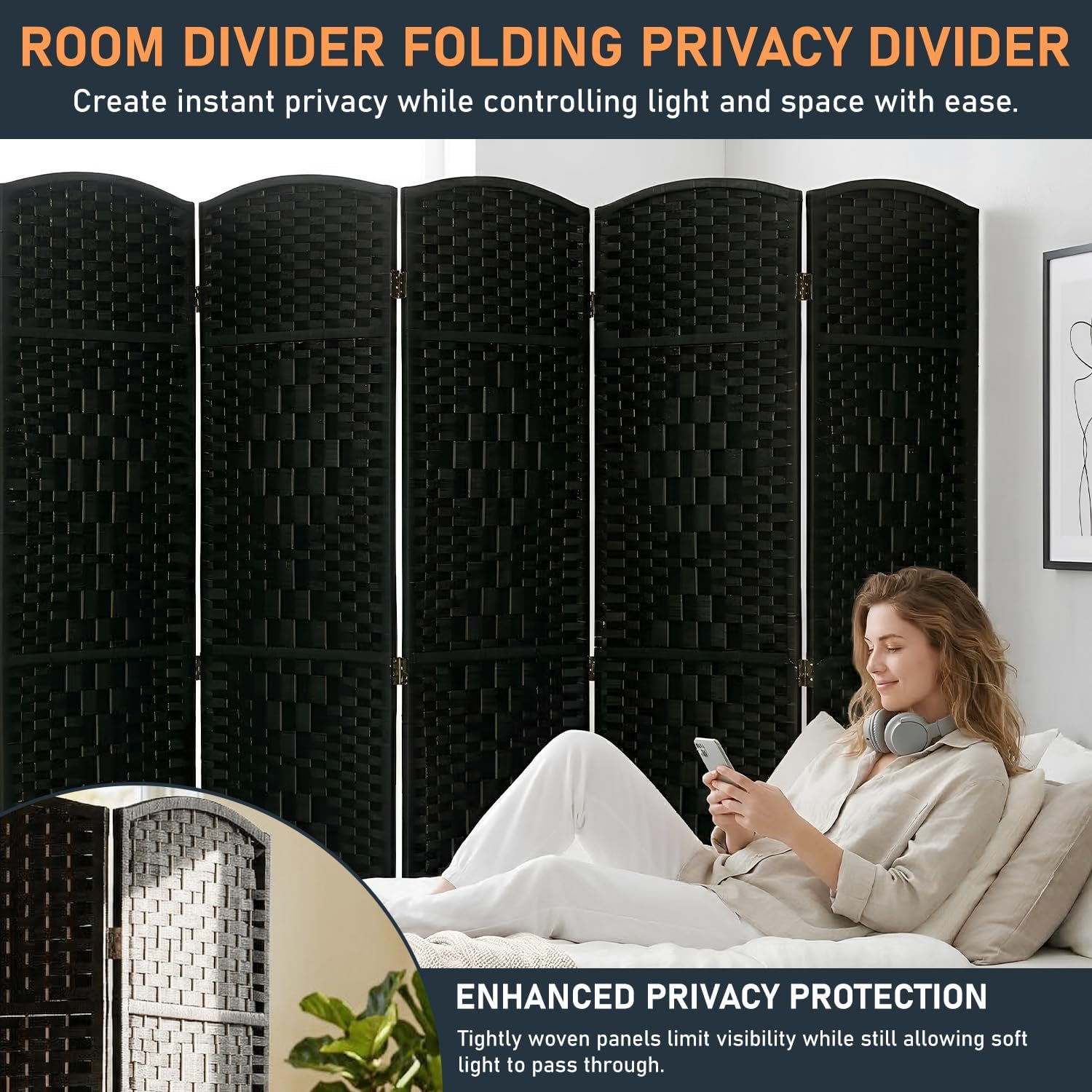 FDW Room Divider 6 Panel Folding Privacy Divider 6 Ft Indoor Wall Divider Portable Partition Wood Screen, Coal Black
