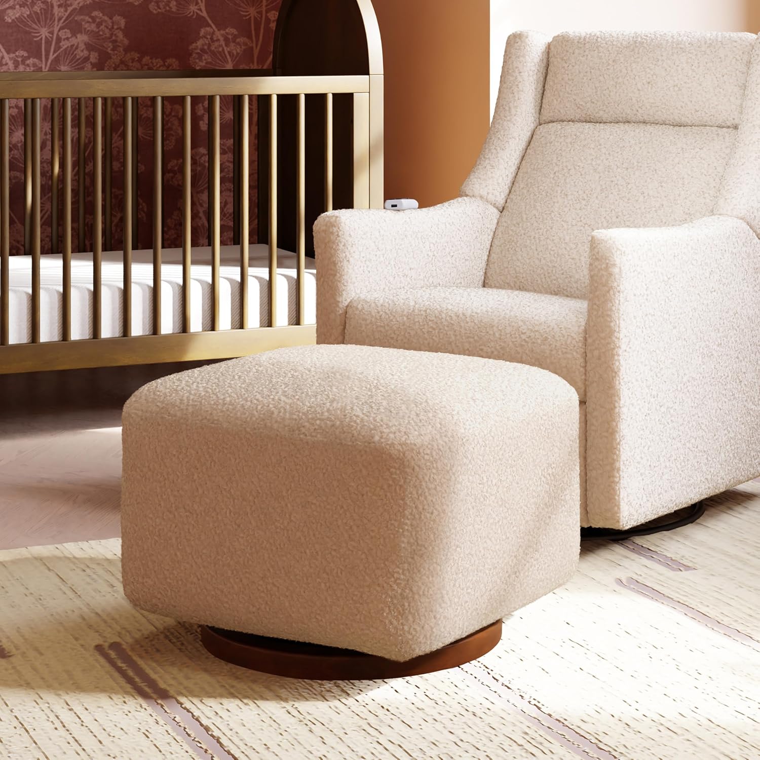 Babyletto Kiwi Gliding Ottoman in Chai Shearling with Dark Wood Base, Greenguard Gold and CertiPUR-US Certified
