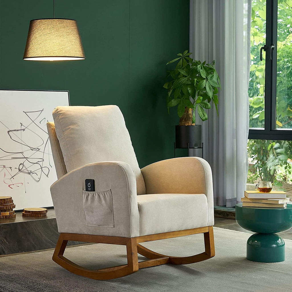 Upholstered Rocking Chair Mid-Century, Modern Nursery Rocking Armchair, Upholstered Tall Back Accent Glider Rocker with 2-Side Pocket for Bedroom Living Room Lounge