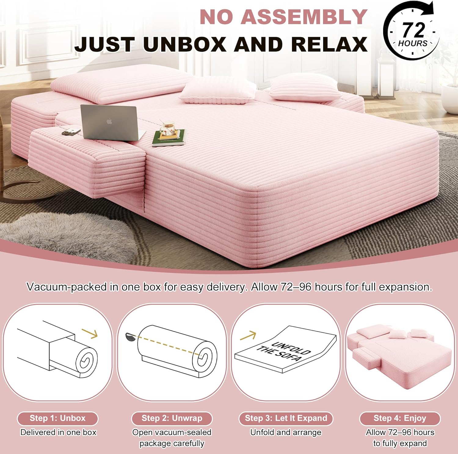 60.2" Oversized Chaise Lounge Chair, Boneless Corduroy Cloud Couch, Deep Seat Convertible Sofa Bed with 3 Pillows, Wide Armrests, Side Pocket, No Assembly (Baby Pink)