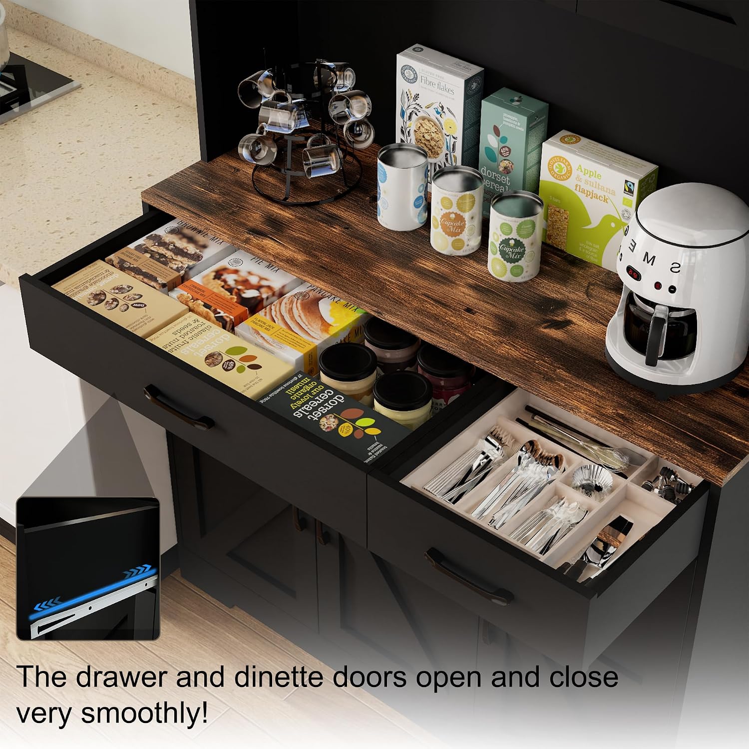 71" Pantry Cabinet with Charging Station, Farmhouse Kitchen Storage Cabinet with Drawers, Large Kitchen Hutch with 6-Zone Organization for Dining, Kitchen, Living Room (Black)