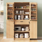 72" Tall Farmhouse Kitchen Pantry Cabinet with 8 Door Shelves, Curved Design Storage Cabinet with 3 Adjustable Shelves, Hidden Drawer, Versatile Cupboard for Kitchen, Dining Room, Natural