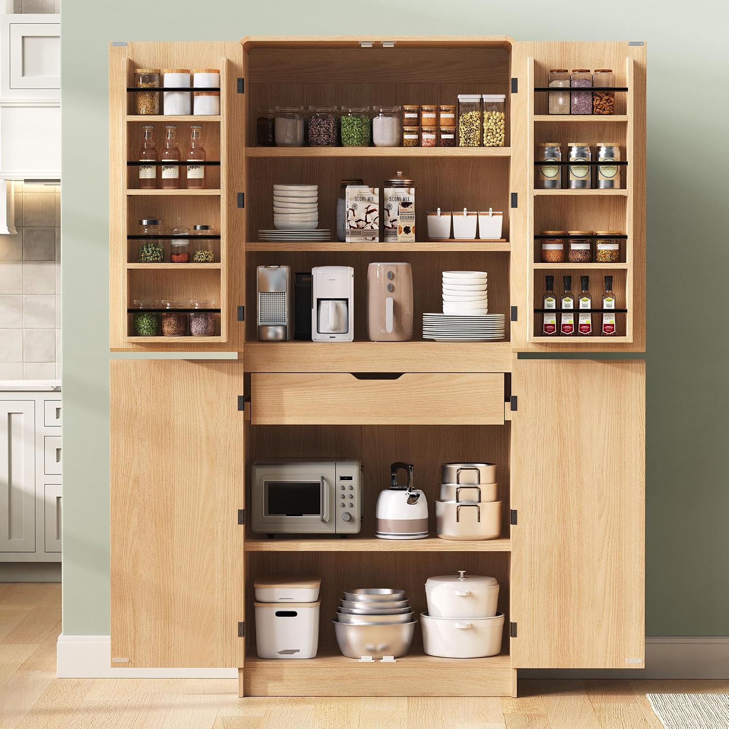 72" Tall Farmhouse Kitchen Pantry Cabinet with 8 Door Shelves, Curved Design Storage Cabinet with 3 Adjustable Shelves, Hidden Drawer, Versatile Cupboard for Kitchen, Dining Room, Natural