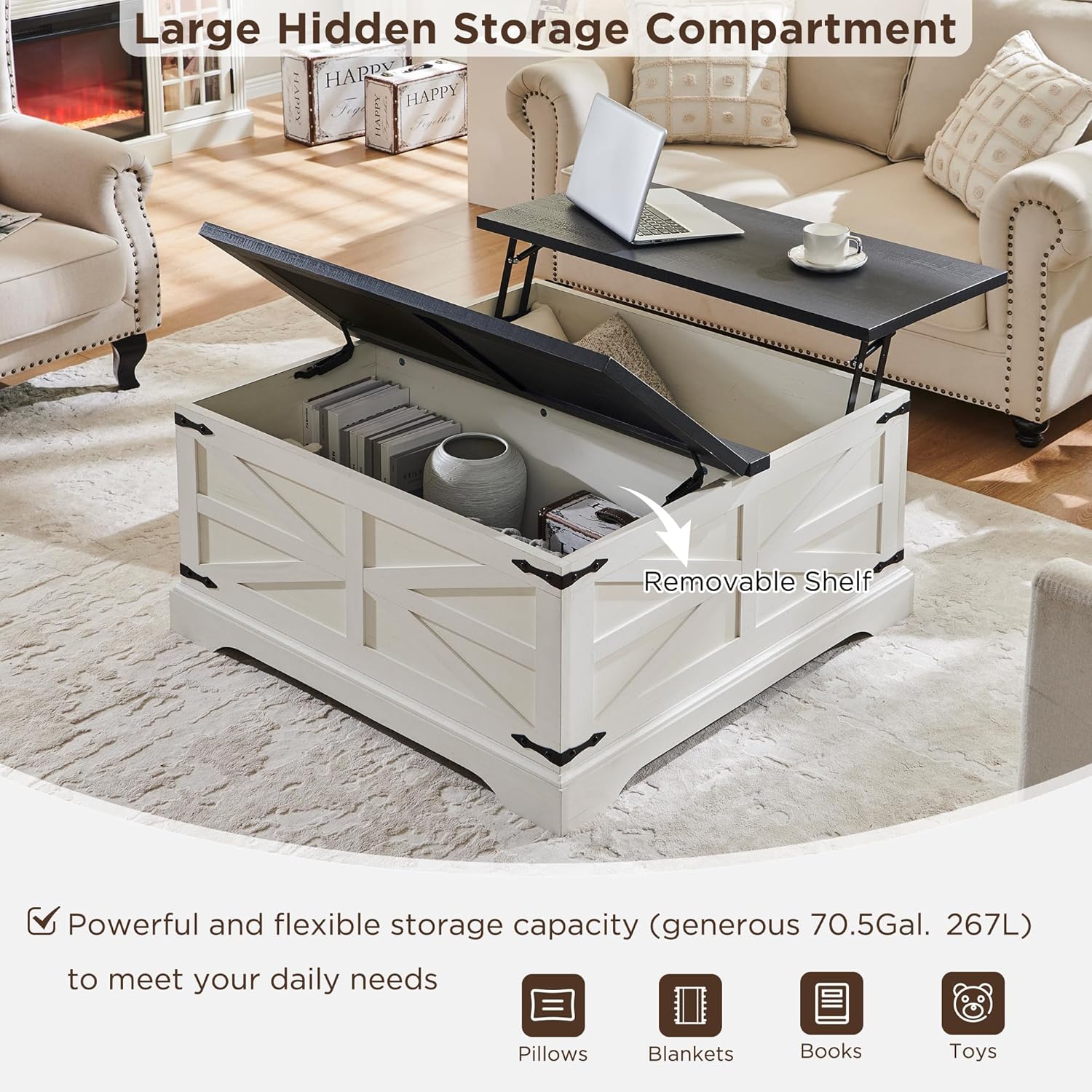 JXQTLINGMU 3-Piece Farmhouse Coffee Table and End Table Sets, Includeds 36" Lift Top Square Coffee Table w/Storage & 2 Rustic Wood End Tables w/Charging Station & Barn Doors for Living Room, White