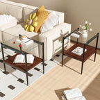 Ywin Rectangle End Table Set of 2, Tempered Glass Tabletop with Layer,Modern Table for Living Room, Bedroom and Office (A)