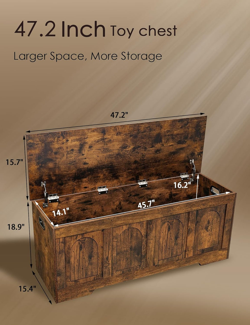 DINZI LVJ Storage Chest, 47.2”Wooden Storage Box with 2 Safety Hinges, Entryway Shoe Bench with Flip-Top, Large Trunk for Living Room, Bedroom, Easy Assembly, Rustic Brown