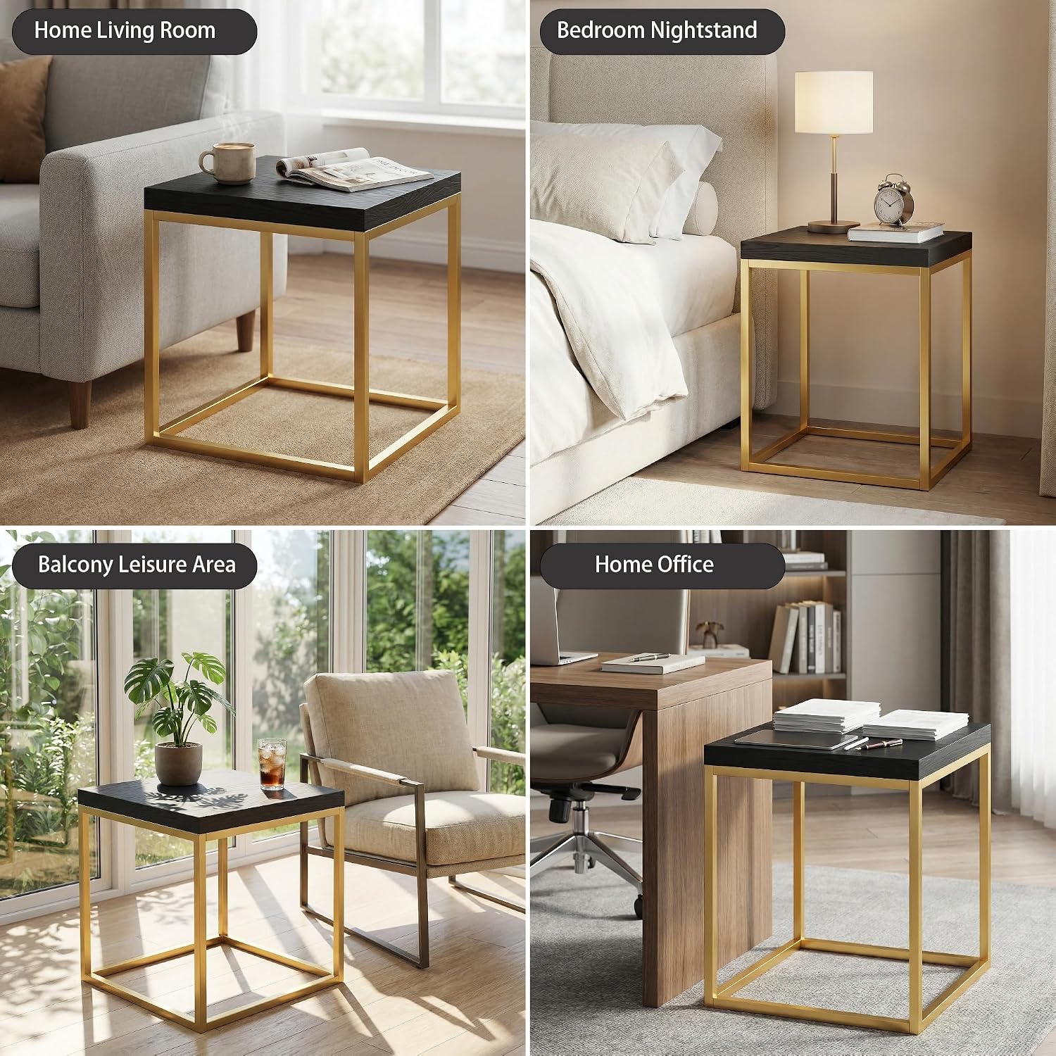 CENSI Modern Square End Table/Side Table, 18", Gold and Black | Extra Thick 1.6" Wood Top, Metal Frame, Industrial Nightstand, Black Oak Finish