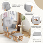 Costzon Nursery Glider with Ottoman, Upholstered Comfort Glider Rocker with Padded Cushion, Storage Pocket, Solid Wood Base, Rocking Chair Nursery for Breastfeeding, Napping (Natural)
