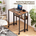 Folding Desk Small Rolling Desk with Storage Shelf,24.8 Inch Foldable Computer Table with Wheels,Portable Office Desk for Small Space Sofa Table,Easy to Fold,Writing Work Office Computer Desk,Walnut