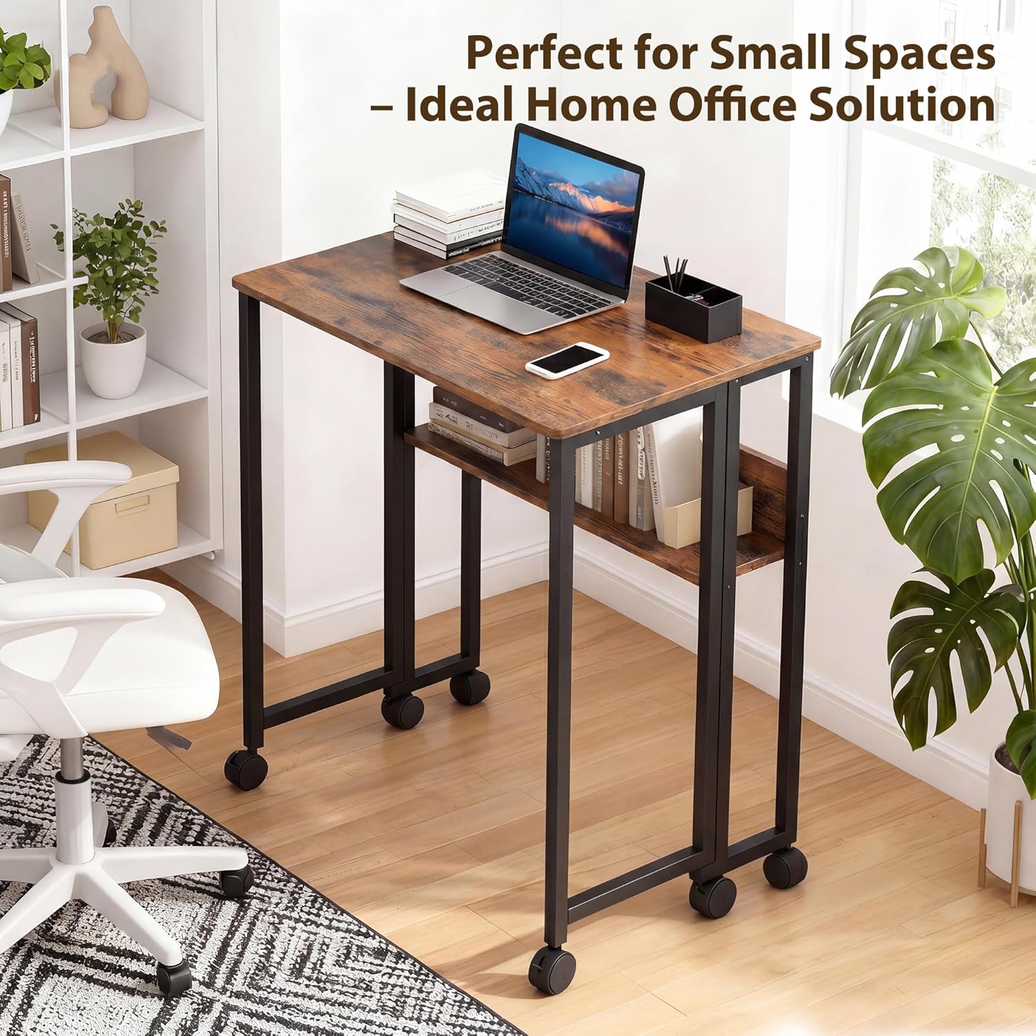 Folding Desk Small Rolling Desk with Storage Shelf,24.8 Inch Foldable Computer Table with Wheels,Portable Office Desk for Small Space Sofa Table,Easy to Fold,Writing Work Office Computer Desk,Walnut
