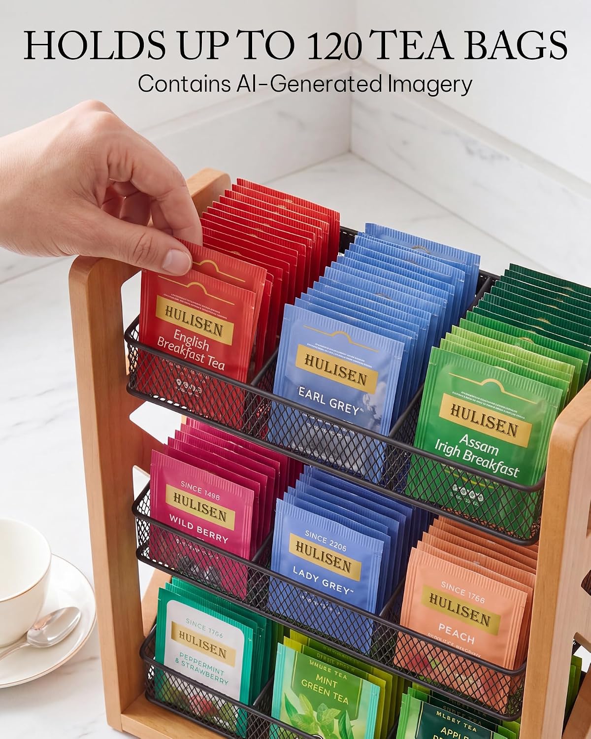 HULISEN Tea Bag Organizer, 3 Tier Tea Bag Holder, Holds Up to 120 Teabags | 9 Removable Compartments, Countertop or Wall Mount Use, Wood Metal Teabag Rack for Coffee Bar Kitchen