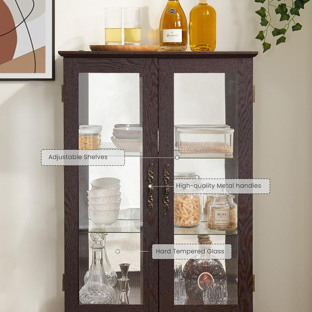 44" Small Lighted Glass Accent Curio Cabinet, Vintage China Cage with Tempered Glass Doors & Adjustable Shelves, Acrylic Mirrored Pane, Elegant Wine Artwork Showcase for Living Room (Dark Cherry)