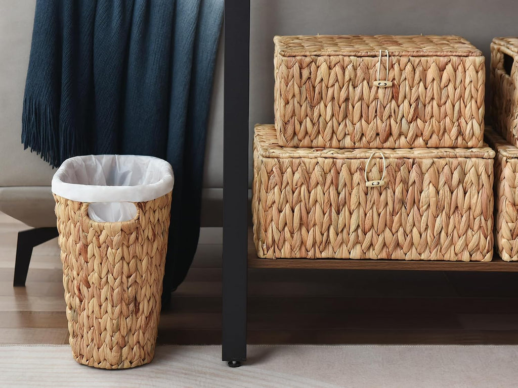 StorageWorks Wicker Waste Basket, Handwoven Water Hyacinth Trash Can with Built-in Handles, Wicker Garbage Can for Bedroom, Bathroom, 1 Pack