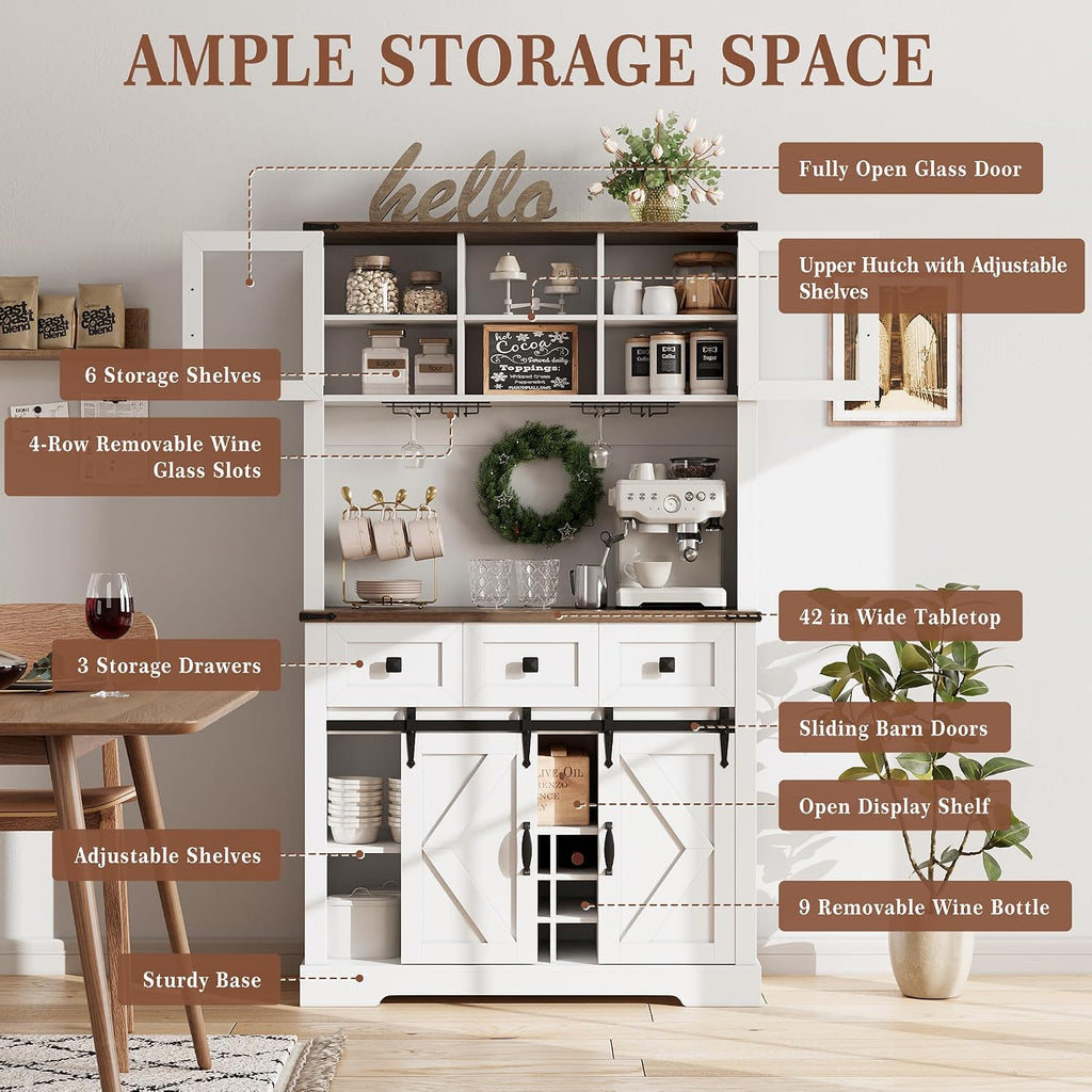 72" Kitchen Pantry Storage Cabinet with Hutch and Sliding Barn Door, Farmhouse Tall Buffet Cabinet with Drawers, Large Coffee Bar with Wine & Glasses Rack, for Home Living Room, White