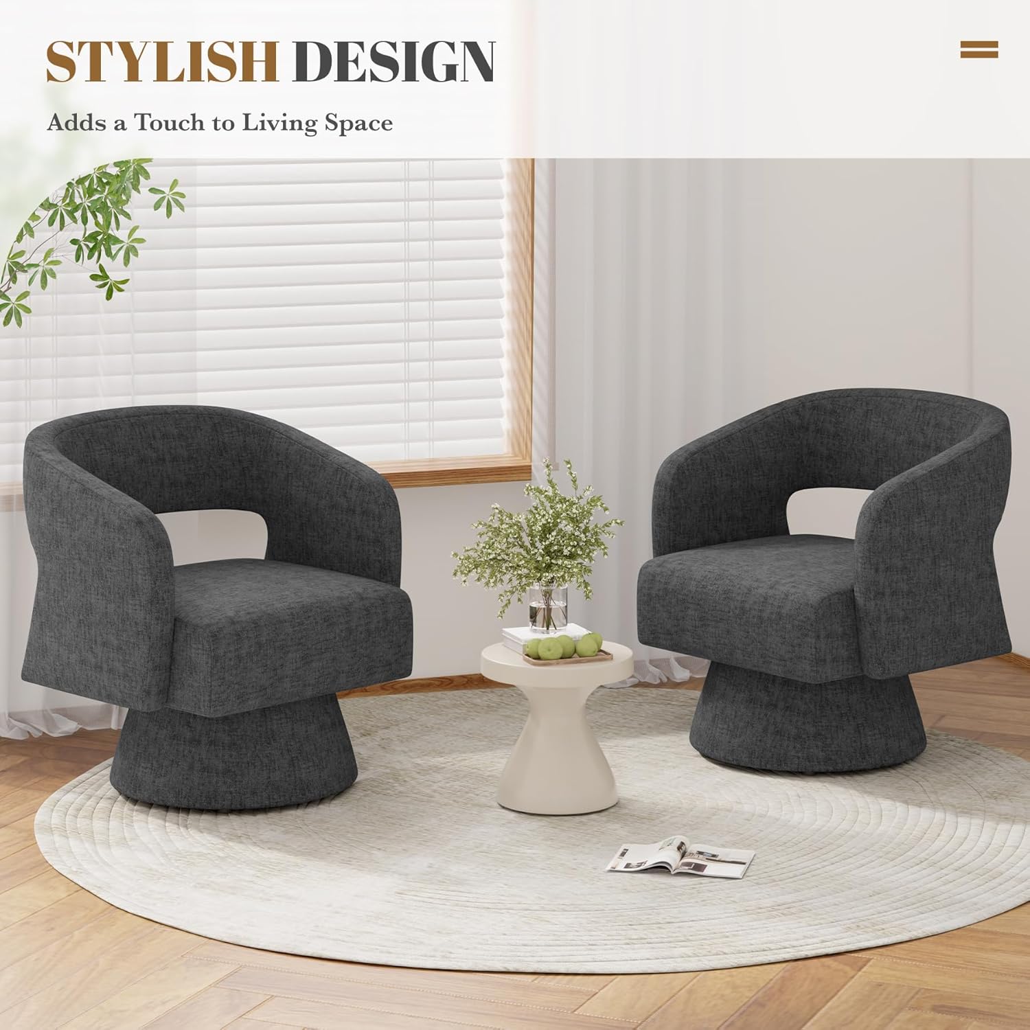 Luxanimarion Swivel Barrel Accent Chair,Oversized Teddy Upholstered Round Swivel Chair,Modern Luxury 360 Degree Living Room Vanity Chair for Bedroom Office,Black Chenille,2PCS