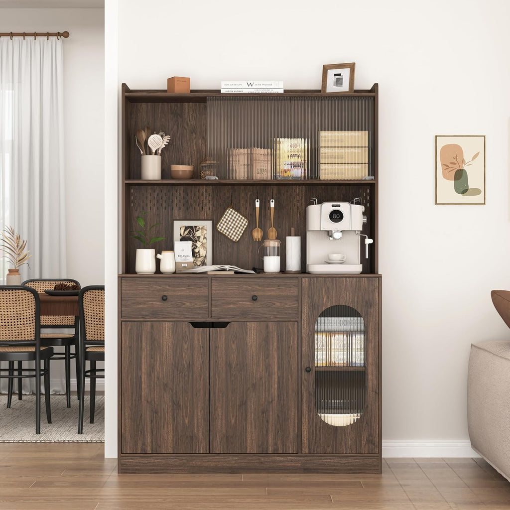 71" Tall Kitchen Pantry Storage Cabinet with Glass Doors Large Capacity Display, Microwave Stand, Bakers Rack with Storage for Kitchen, Pantry, Living Room (Walnut)