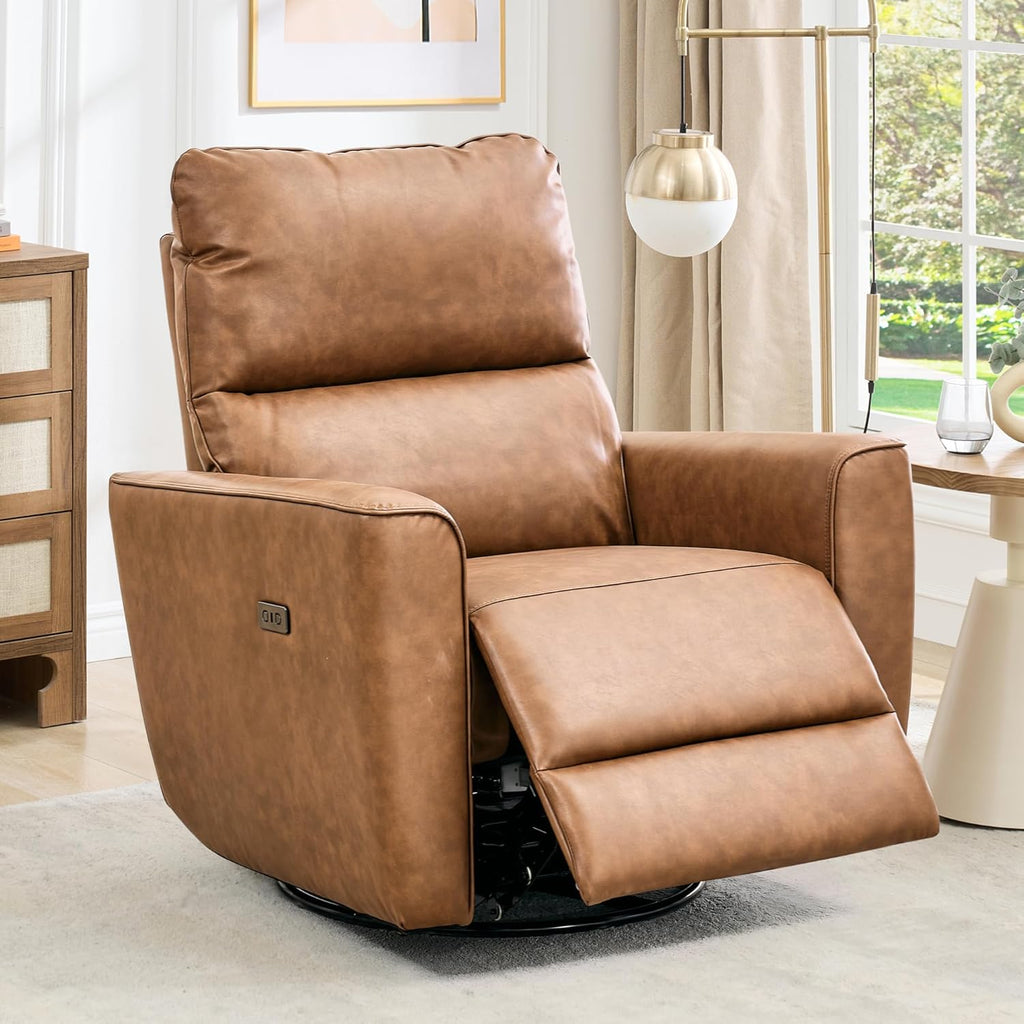 Power Recliner Chair, 270° Swivel Rocking Glider with USB Charging Port, PU Leather Upholstered Fabric, Ergonomic Modern Nursery Chair for Living Room, Bedroom, Nursery (Power Brown)