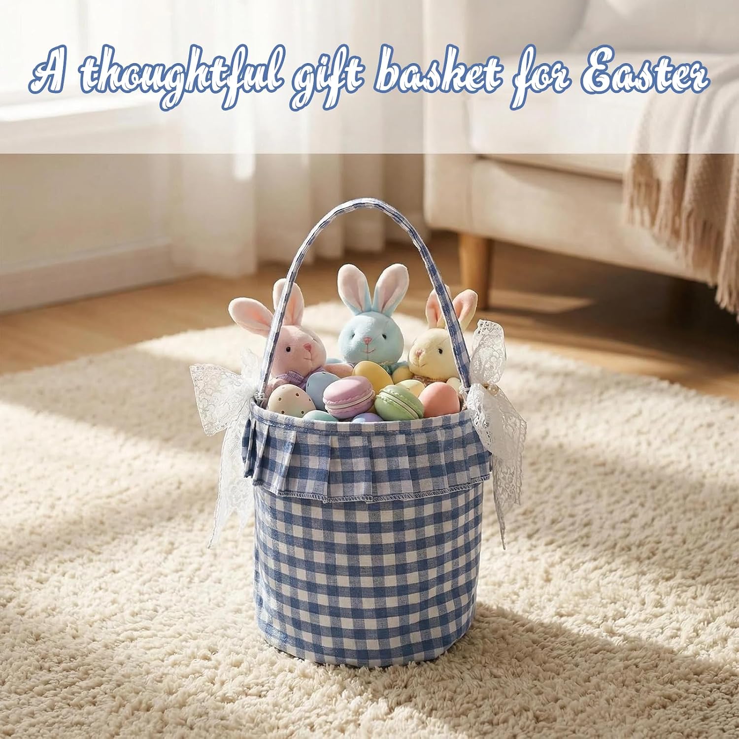 Primst Easter Bunny Baskets for Kids –Striped Fabric Egg Hunt Bags with Handles & Detachable Bows, Reusable Candy Buckets for Easter, Halloween Trick or Treat, Party Favors & Home Storage