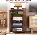 Rolling Media Cabinet with Side Vinyl Record Storage, 5-Tier Large Stereo Cabinet with Door and Cable Management, Audio Video Shelf for Living Room Gaming Room Music Room (Walnut)