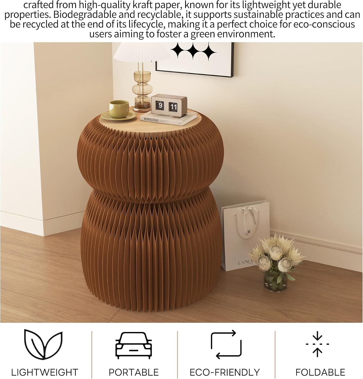 Stylish Honeycomb Paper Accent Table, Round Fluted Side Table, Decorative Accordion Stool for Living Room, Bedroom & Entryway