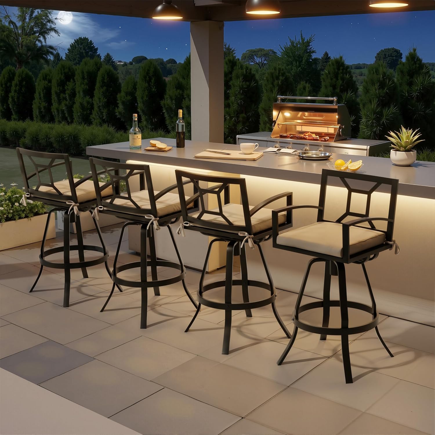 Pellebant 30" Sunbrella Outdoor Bar Stools Set of 2, Aluminum Swivel Patio Bar Height Barstools with Back & Footrest, All-Weather Patio Barstools for Deck Lawn Garden, Beige