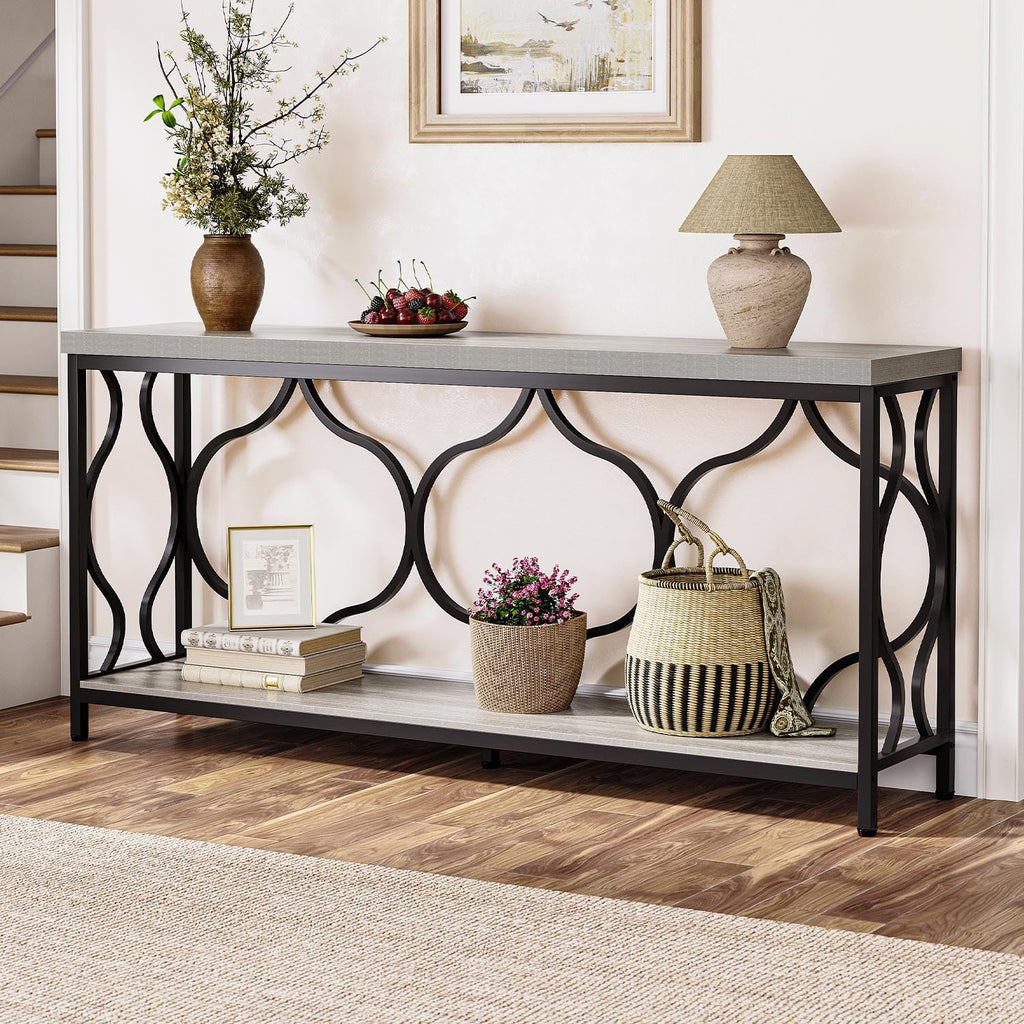 IBF Narrow extra long Sofa Console Table, 63 Inch Modern Entryway Table Behind Couch with Storage shelf, 2-Tier Industrial Wooden Metal Hallway Accent Sofa Tables for Living Room Foyer, Light Grey Oak