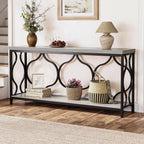IBF Narrow extra long Sofa Console Table, 63 Inch Modern Entryway Table Behind Couch with Storage shelf, 2-Tier Industrial Wooden Metal Hallway Accent Sofa Tables for Living Room Foyer, Light Grey Oak