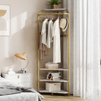 Corner Coat Rack Freestanding, 50x50x180cm Gold Metal Hall Tree with Storage Shelves & Hooks, Space-Saving 90° Corner Garment Rack for Entryway, Bedroom, Hallway, Office