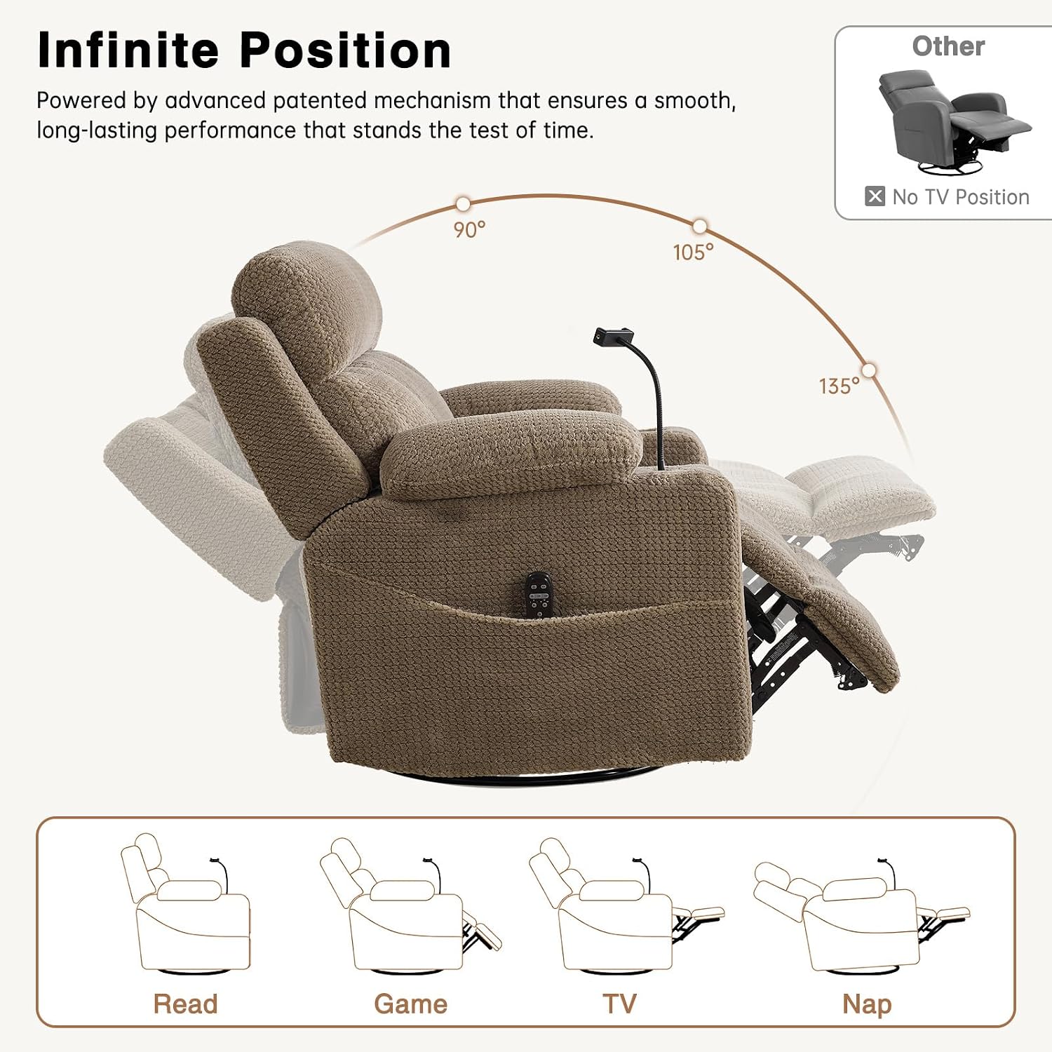 Power Swivel Rocker Recliner Chair with Massage & Heat, 26'' Oversized Glider Recliner Nursery Chair with Adjustable Headrest,Dual Motor Electric Recliner Chairs for Adults,Infinite Position,Camel