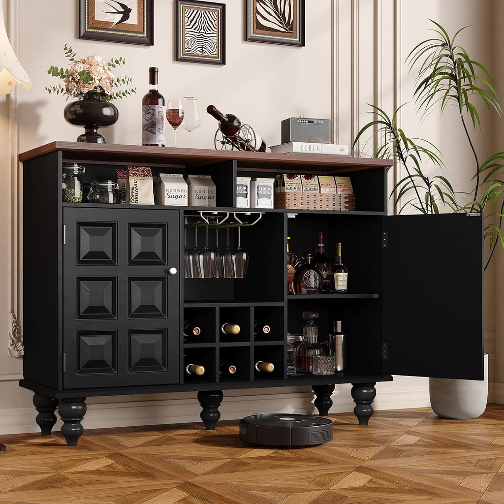 Vabches 45" Wine Bar Cabinet with Wine Rack and Glass Holder, Mid Century Modern Farmhouse Liquor Coffee Bar with Storage & Retro Square Doors, Sideboard Buffet Cabinet for Kitchen Dining Room, Black